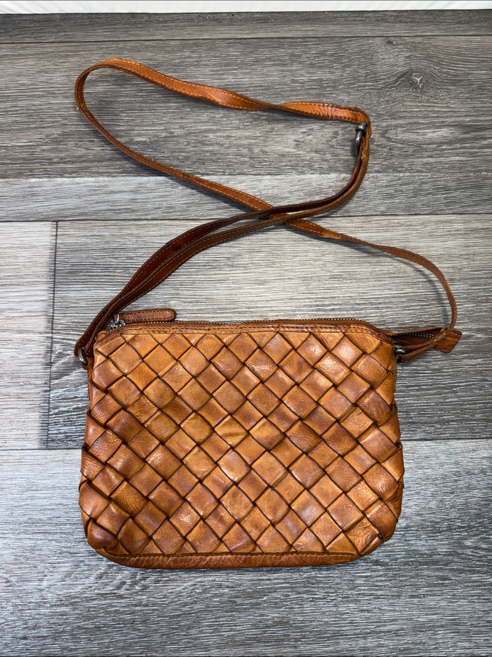 Woven Leather Crossbody Bag in Tan